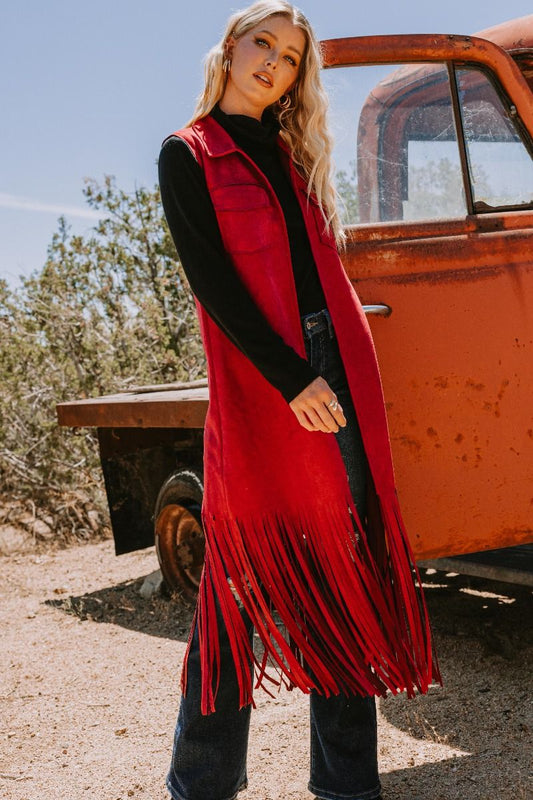 Burgundy Fringe Hem, Solid Suede Long Vest