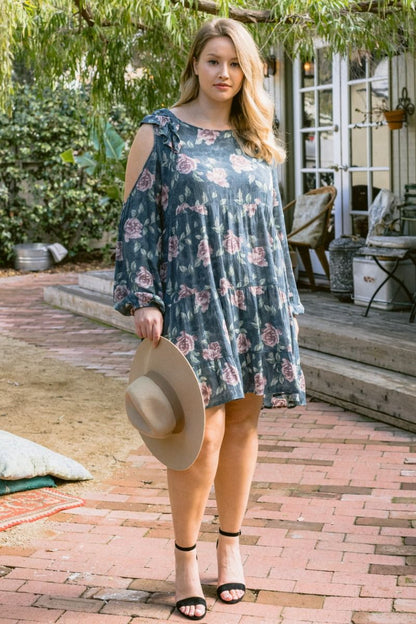 Vintage Jade Floral Babydoll Cold-Shoulder Dress