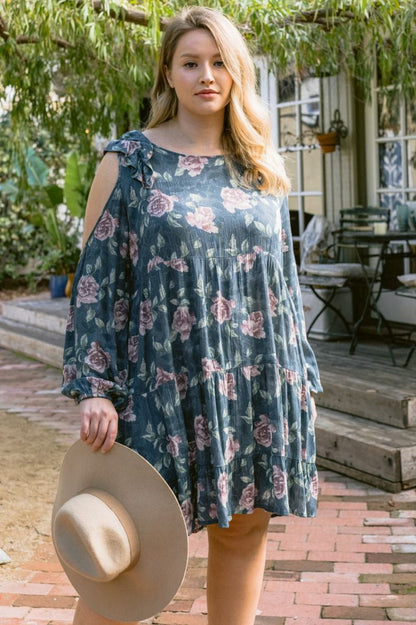 Vintage Jade Floral Babydoll Cold-Shoulder Dress