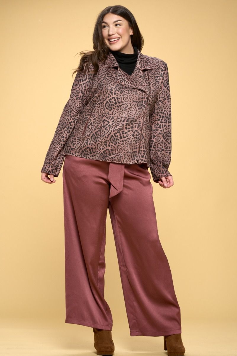 Mauve Washed Leopard Faux Suede Moto Jacket