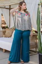 Teal Ruffle Rayon Wide Leg Pants