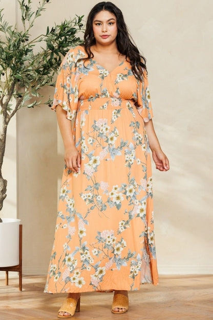 Orange Floral Print Kimono Sleeve Maxi Dress