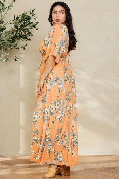 Orange Floral Print Kimono Sleeve Maxi Dress
