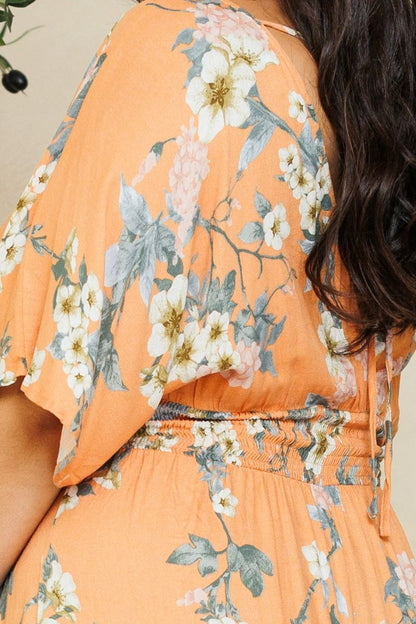 Orange Floral Print Kimono Sleeve Maxi Dress