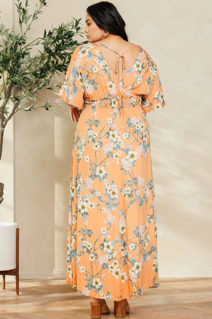 Orange Floral Print Kimono Sleeve Maxi Dress