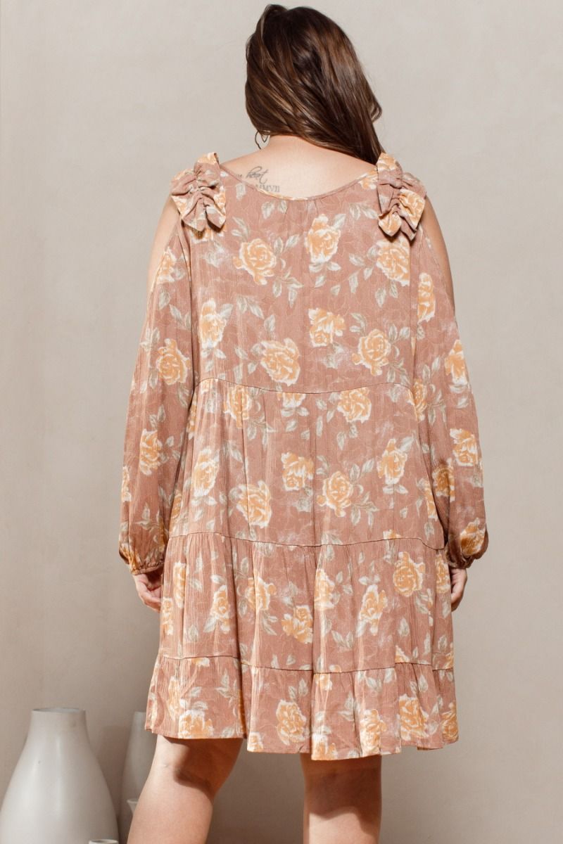 Light Clay Floral Babydoll Cold-Shoulder Dress