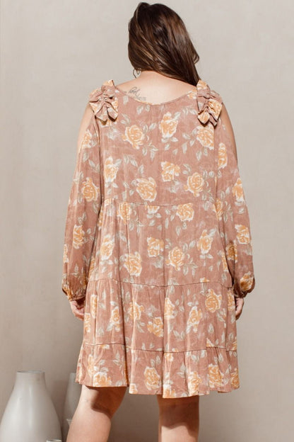 Light Clay Floral Babydoll Cold-Shoulder Dress
