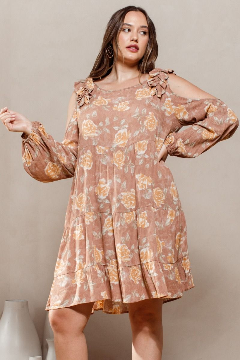 Light Clay Floral Babydoll Cold-Shoulder Dress