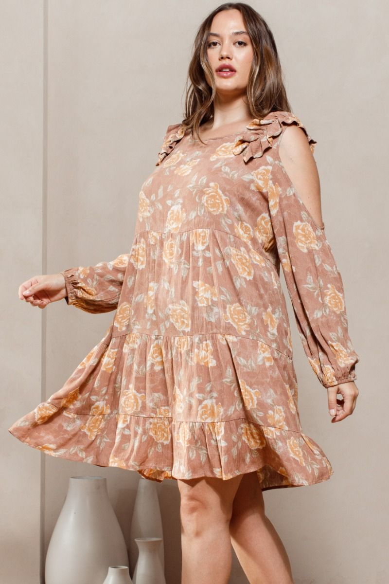 Light Clay Floral Babydoll Cold-Shoulder Dress