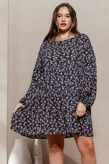Curvy Midnight Navy Floral Baby Doll Dress W/ Ruffle Sleeves