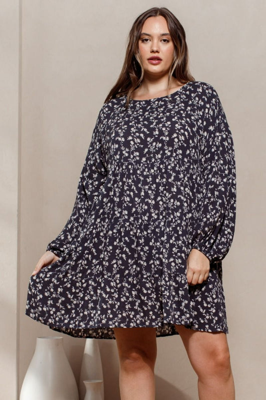 Curvy Midnight Navy Floral Baby Doll Dress W/ Ruffle Sleeves