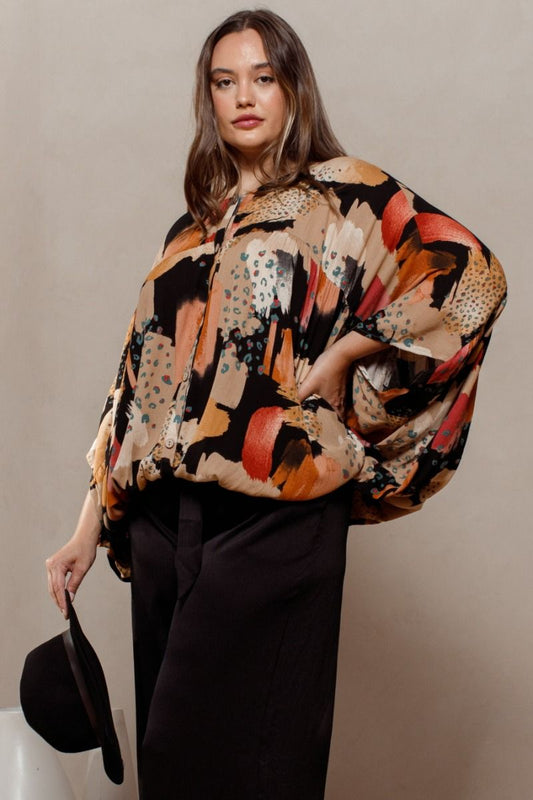 Black Abstract Geo Print Woven Blouse