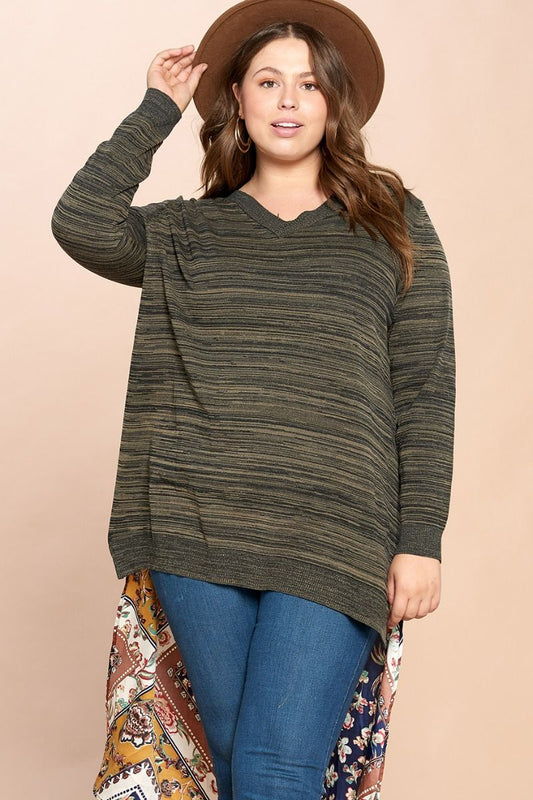 Char Two-Tone Knit Sweater W/ Long Woven Back Contrast Panel.