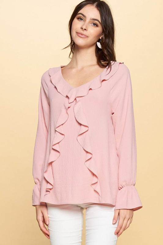 Curvy Woven Loose Fit Ruffle Top- Rosewood