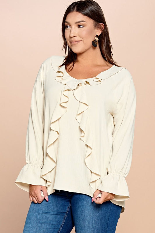 Curvy Woven Loose Fit Ruffle Top- Ivory