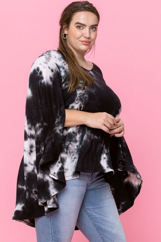 Curvy Black &White Tie-Dye Boat Neck Top