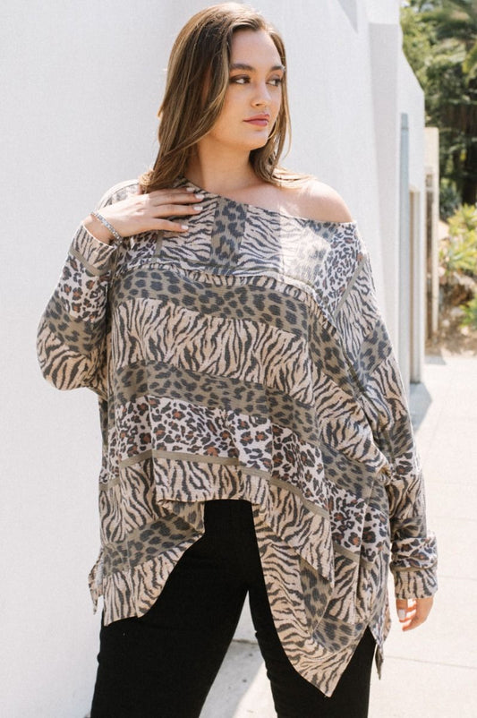 Curvy Taupe Leopard Print Boat Neck Top
