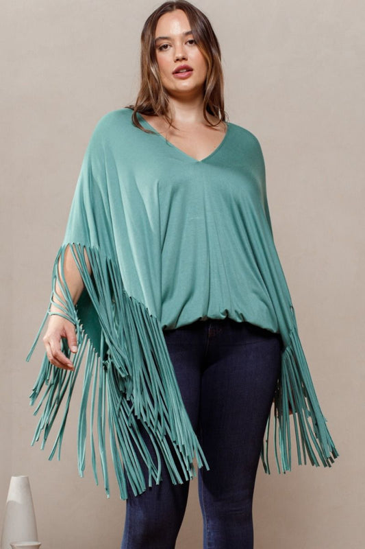 Curvy Basil Fringe Poncho Top