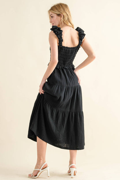 AND THE WHY- Black Ruched Shoulder Strap Cotton Midi Dress