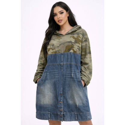 Oversized Camo And Denim Patchwork Hoodie Dress