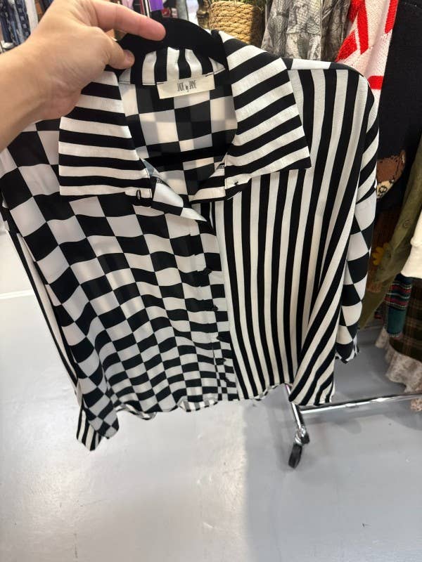 JADE BY JANE - PLUS SIZE SPLIT DECISION CHECKER-STRIPE BLOUSE