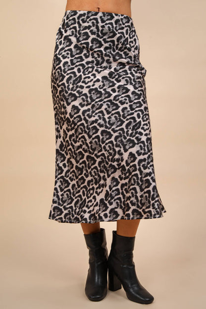 Leopard Printed Bias Cut Midi Skirt: BLACK LEOPARD