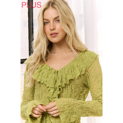 Sweet Generis - LIME GREEN LACE RUFFLE V-NECKLINE TOP WITH LONG SLEEVES