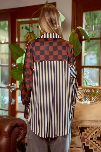 JADE BY JANE - PLUS SIZE SPLIT DECISION CHECKER-STRIPE BLOUSE