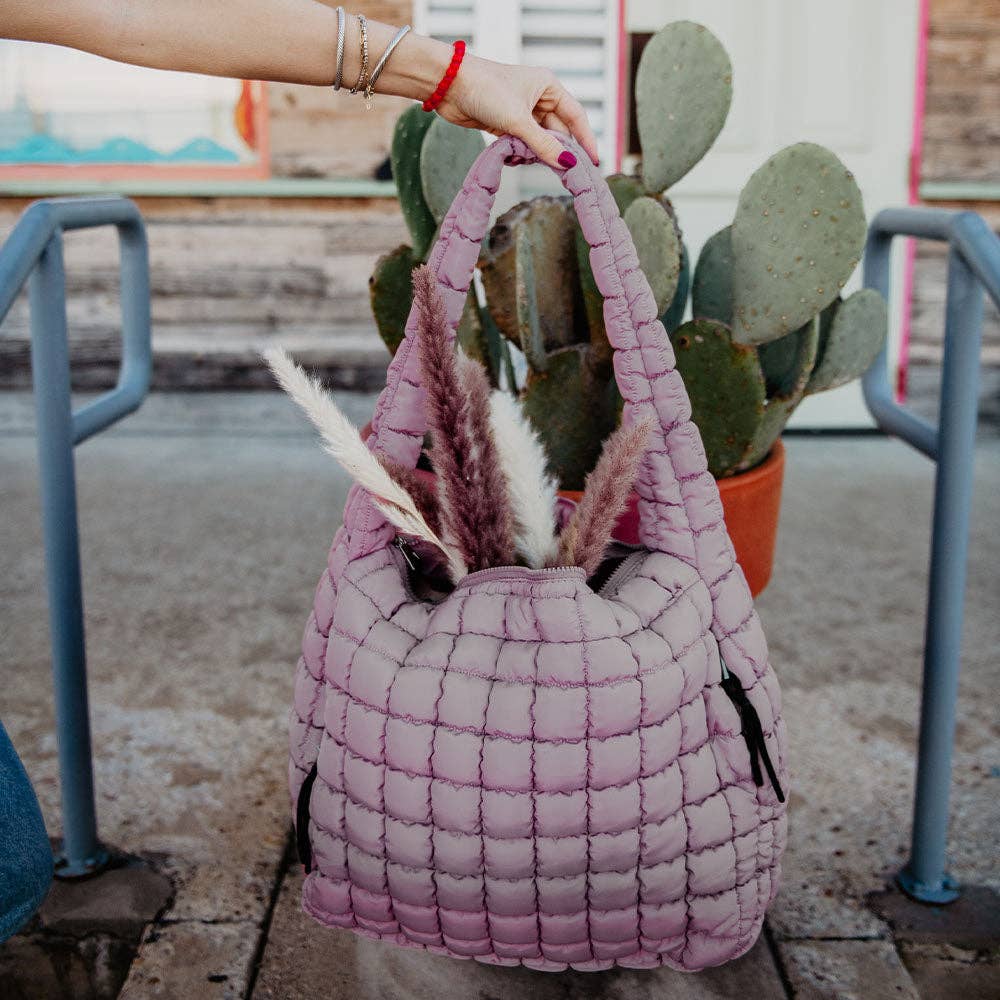 Mauve Oversized Quilted Hobo Tote Bag: Mauve