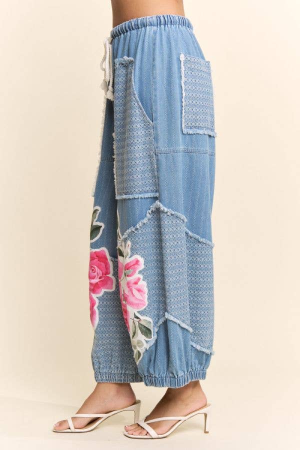 Davi & Dani - DENIM FLOWER PATCHWORK PANTS