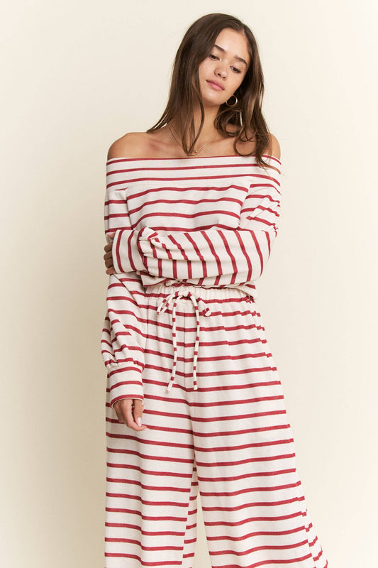 Red & White Stripped Off The Shoulder Jumpsuit