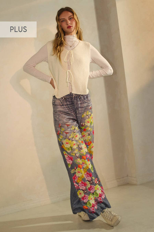 The Curvy Floral & Faux Denim Printed Wide Pants