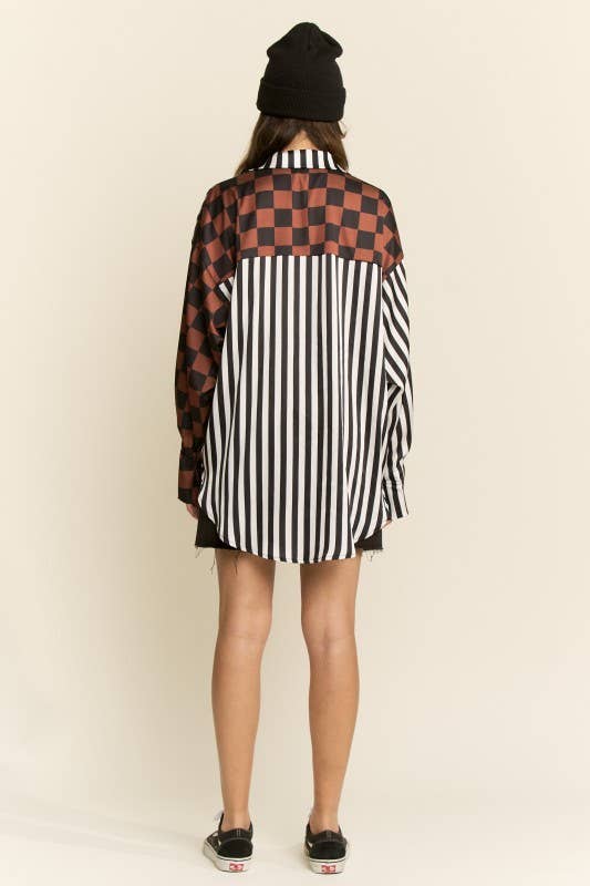 JADE BY JANE - PLUS SIZE SPLIT DECISION CHECKER-STRIPE BLOUSE