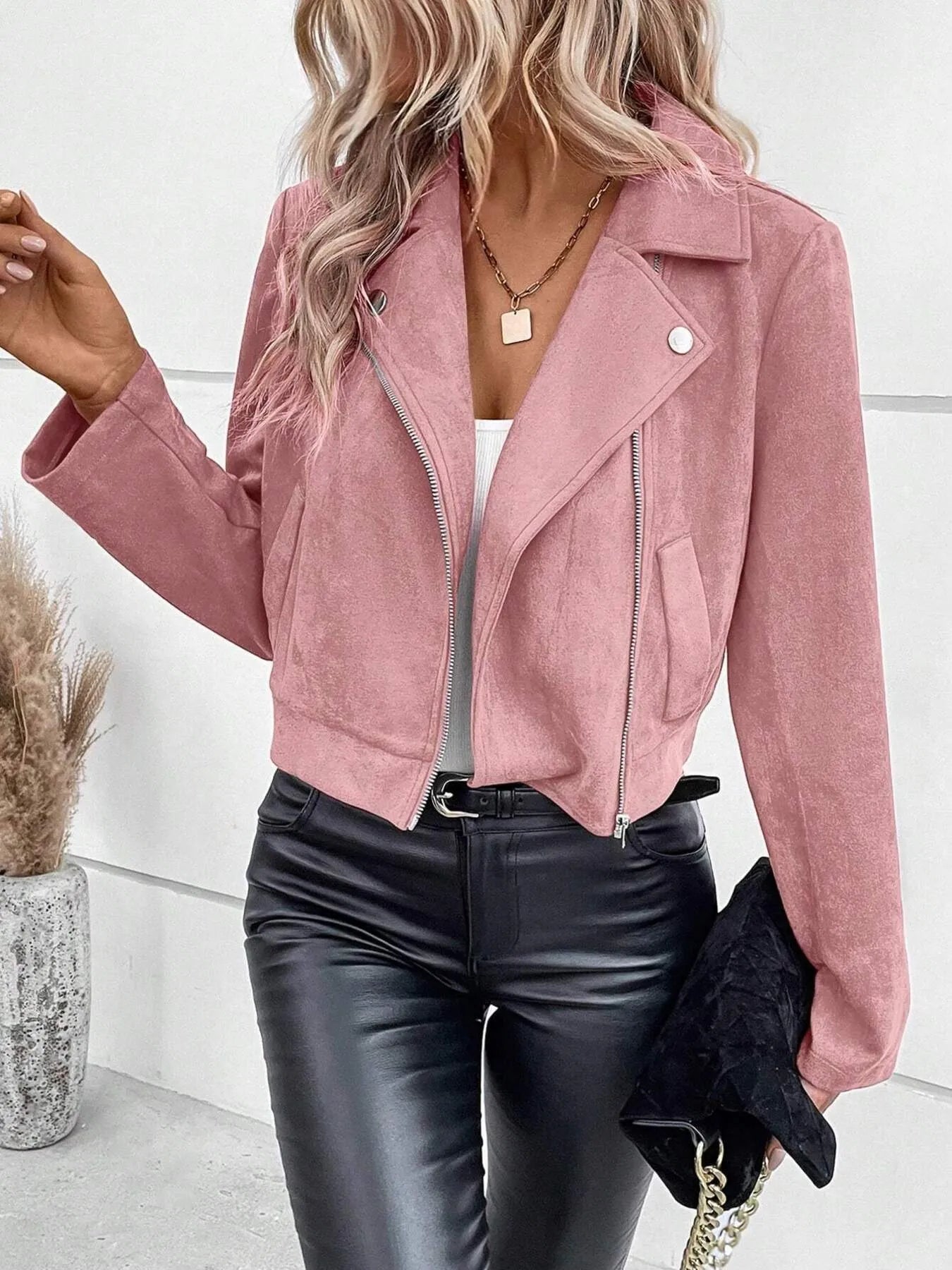 Zip Up Suede Cropped Moto Jacket