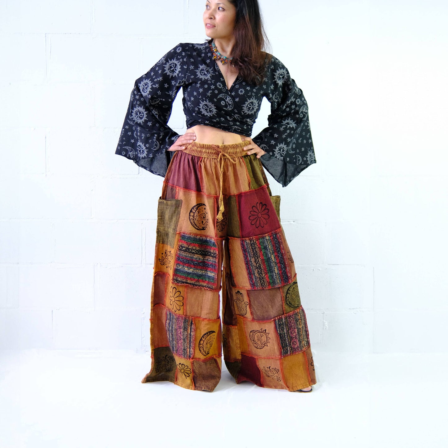Cotton Patchwork Wide Leg Boho Pants