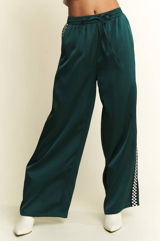 JADE BY JANE - SOLID SATIN SWEATPANTS WITH SIDE CHECKERBOARD TAPE