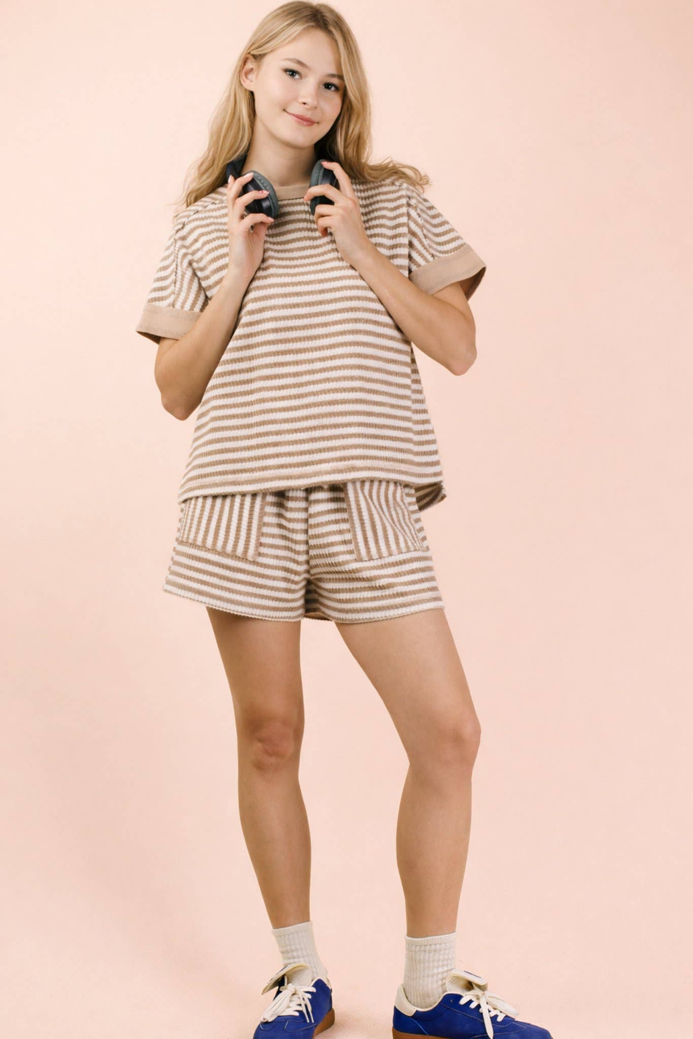 White/Oatmeal Striped Comfy Knit Top & Shorts Set