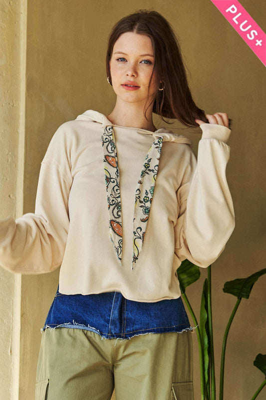 Cream- LONG SLEEVES PRINT TIE LOOSE FIT HOODIE TOP