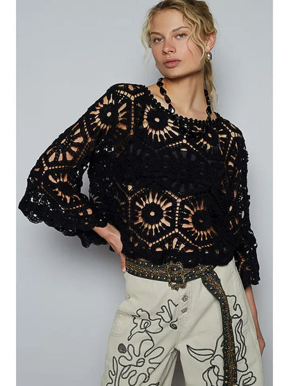 POL Black Round Neck 3/4 Sleeve Crochet Cropped Top