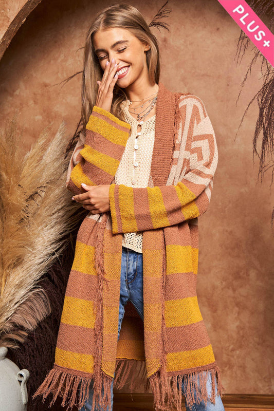 FRINGE GEOMETRIC STRIPE CARDIGAN