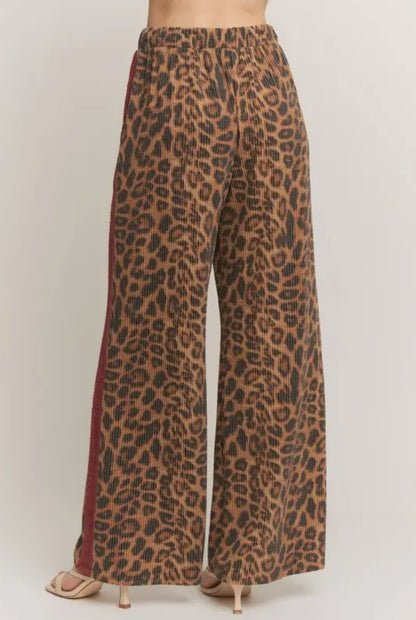 Brown Animal Print Urban Ribbed Pants W/ Red Lace Stripe