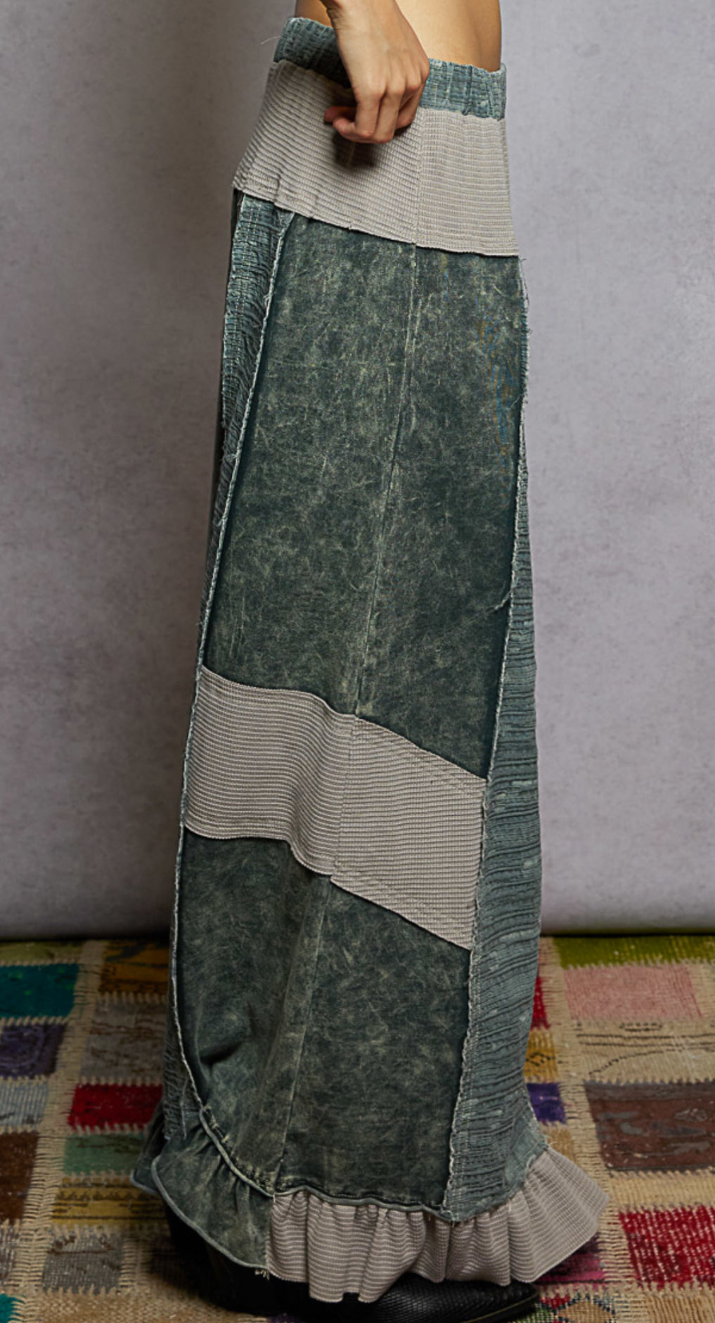 Char French Terry Patchwork Pants with Ruffle Hem