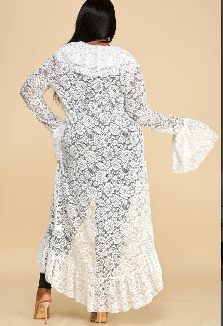 White Long Sleeve Ruffle Detail Lace Cardigan