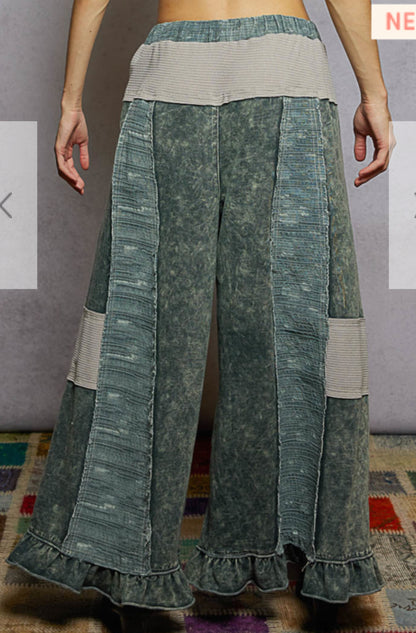 Char French Terry Patchwork Pants with Ruffle Hem