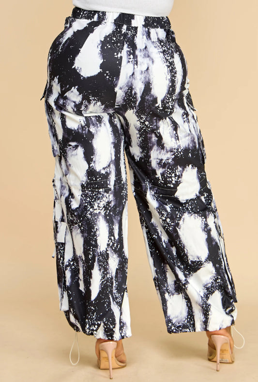 Black & White Elastic Waistband Side Pockets Cargo Pants