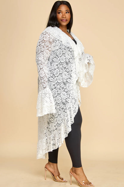 White Long Sleeve Ruffle Detail Lace Cardigan