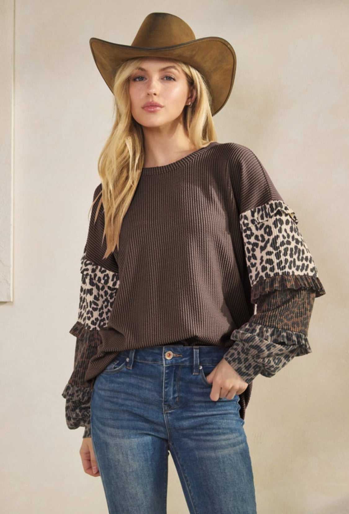 Brown Layered Ruffle Sleeve Urban Ribbed Top