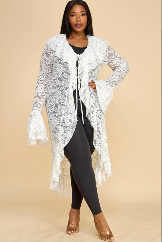 White Long Sleeve Ruffle Detail Lace Cardigan