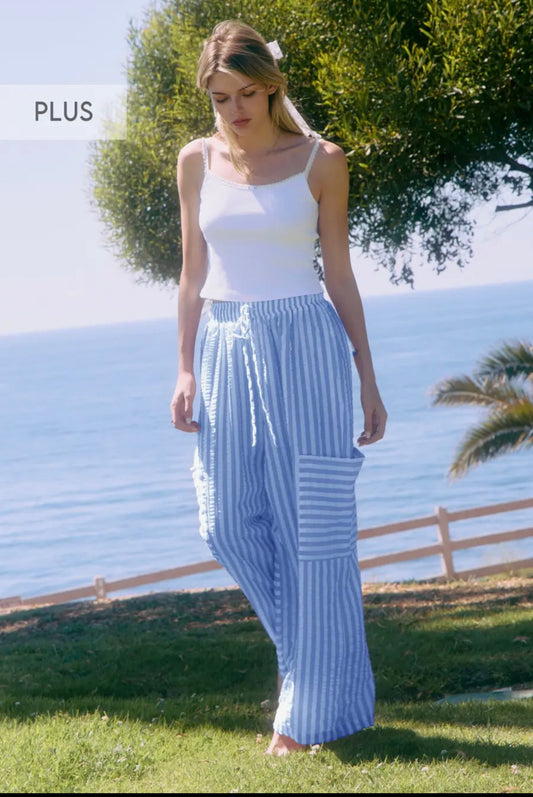 Oddi - Blue & White Striped Wide Leg Barrel Pants