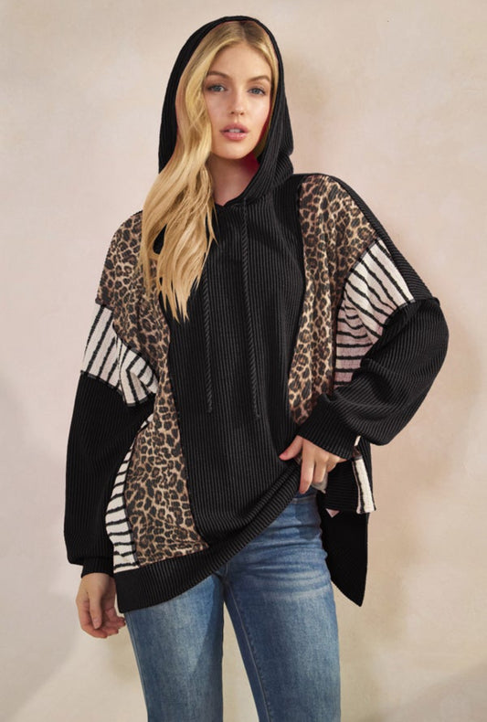 Black & Animal Print Urban Ribbed Hooded Top